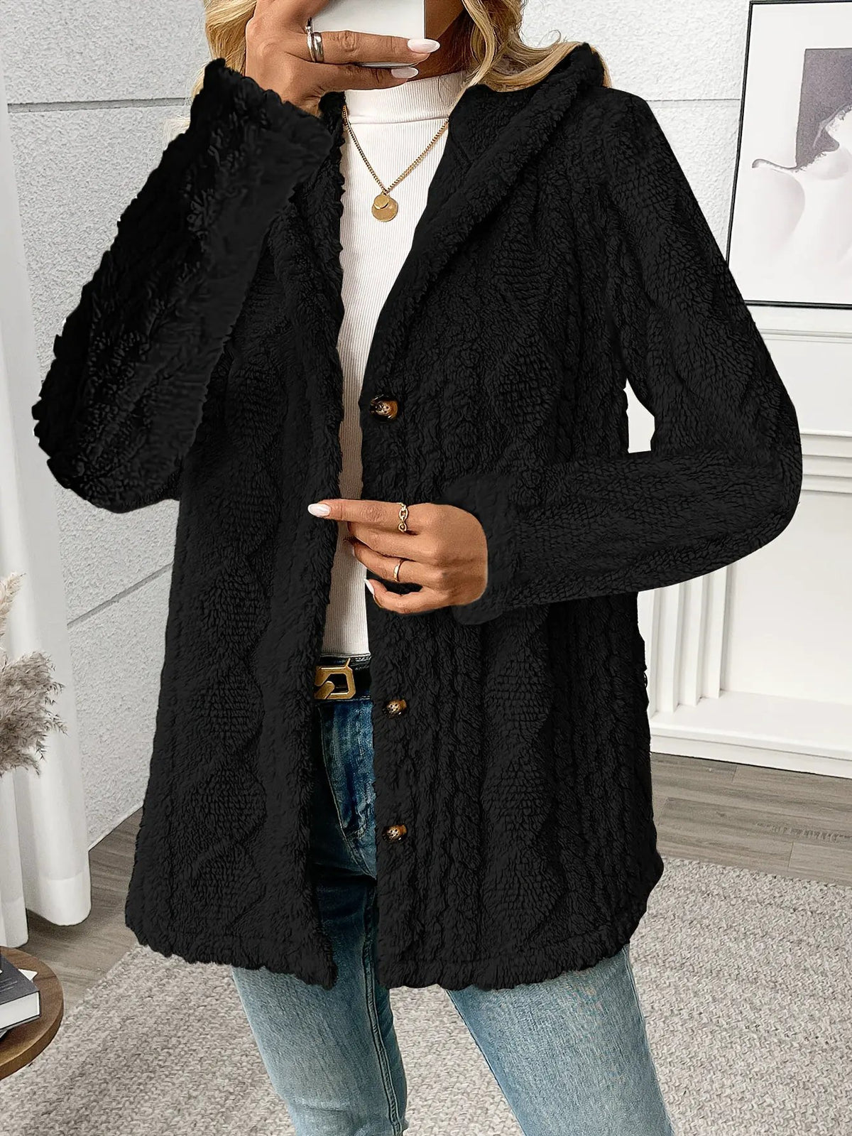 Women's Textured Button-Front Coat Relaxed Fit-Women's Coats & Jackets-Bellmaren-Black-S-My Store