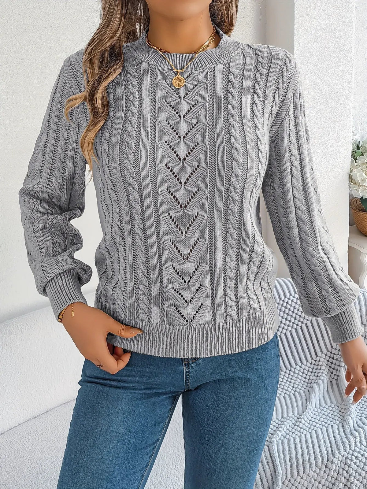 Women's Cable Knit Textured Sweater with Openwork Detailing-Women's Sweaters-Bellmaren-Khaki-S-My Store