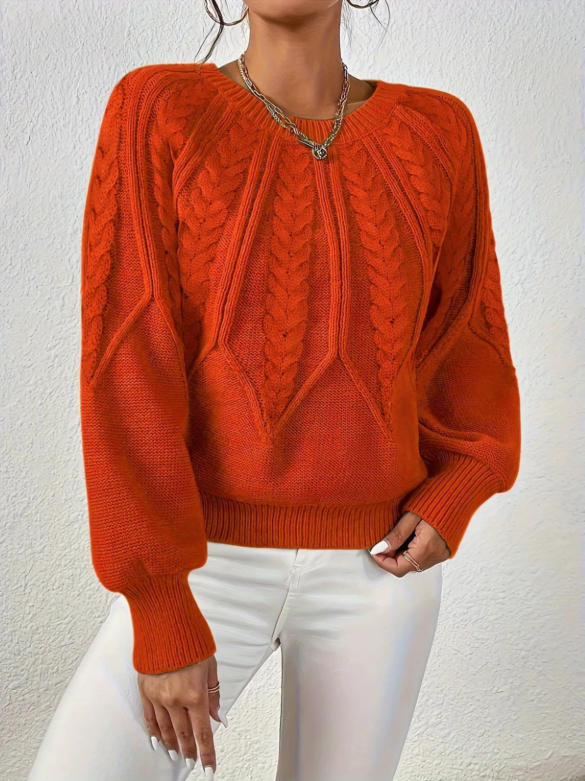 Women's Cable Knit Round Neck Sweater with Raglan Sleeves-Women's Sweaters-Bellmaren-Matcha-S-My Store