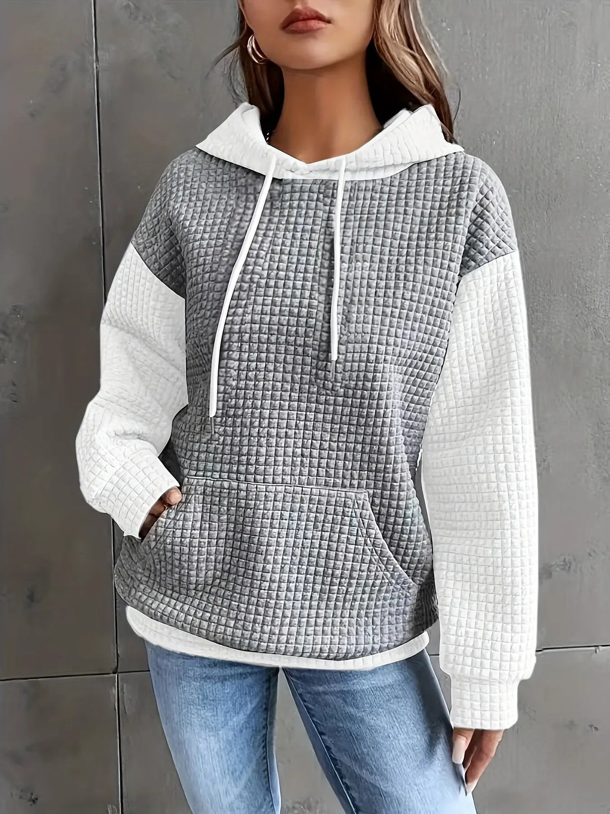 Women's Oversized Waffle-Knit Hoodie with Pouch Pocket-Women's Hoodies-Bellmaren-Grey-S-My Store