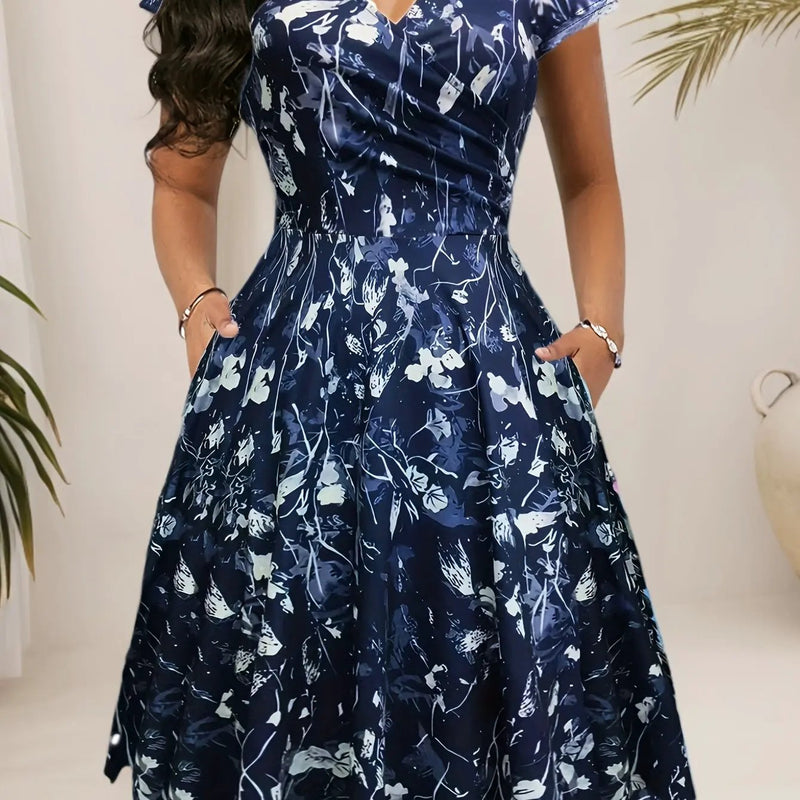 Women's Floral A-Line V-Neck Dress with Pockets – Fitted Waist