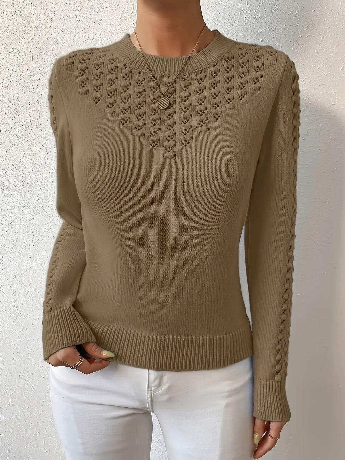 Women's Pointelle Knit Round Neck Jumper-Women's Sweaters-Bellmaren-Light Blue-XS-My Store