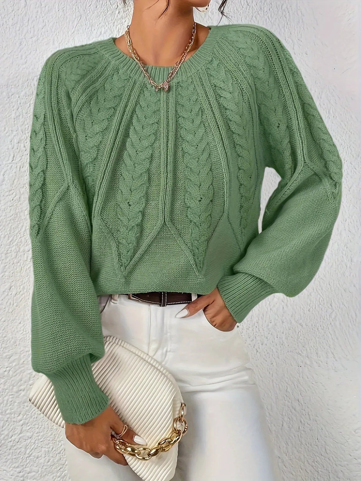 Women's Cable Knit Round Neck Sweater with Raglan Sleeves-Women's Sweaters-Bellmaren-Matcha-S-My Store