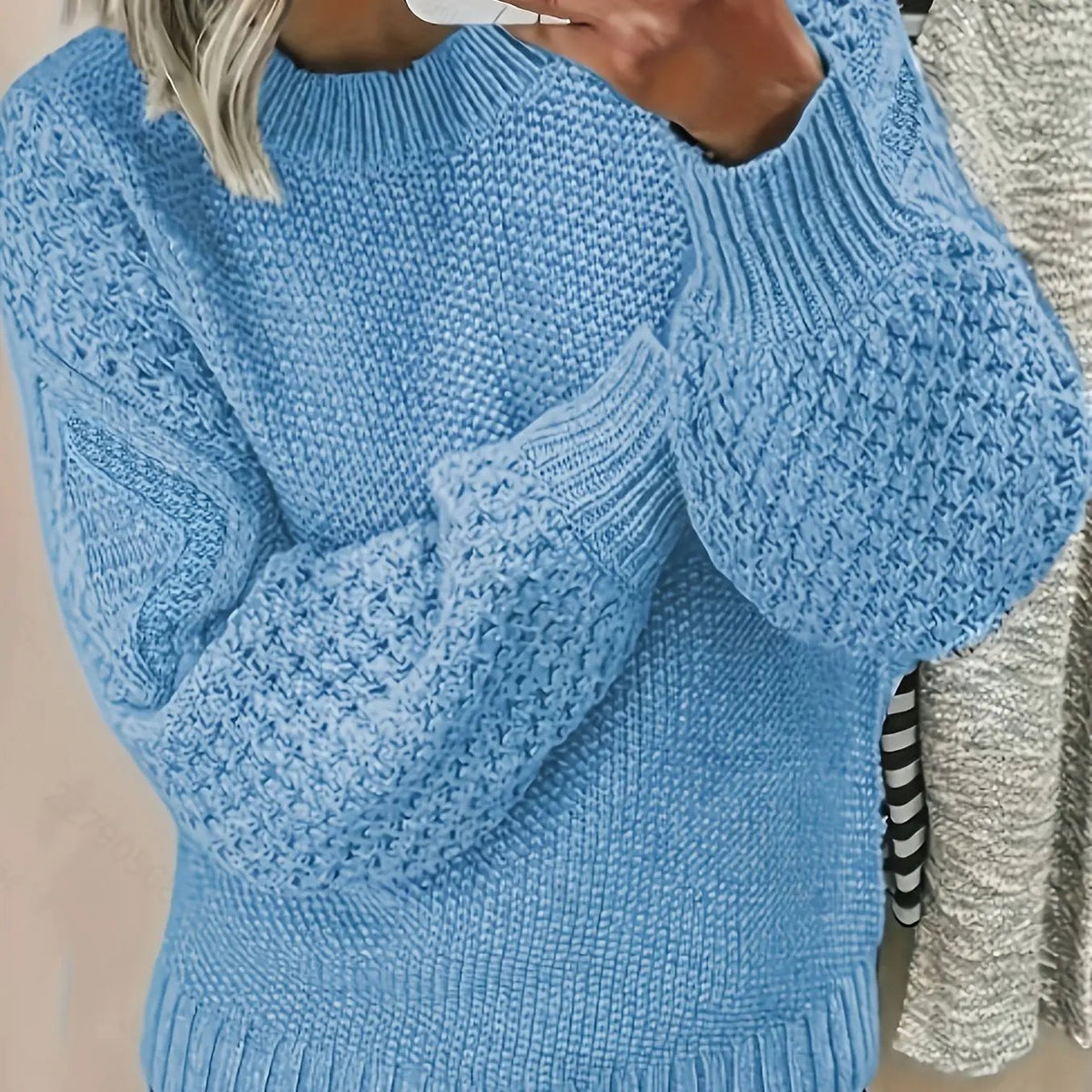 Women's Oversized Lantern Sleeve Textured Jumper-Women's Sweaters-Bellmaren-Sky Blue-XL-My Store