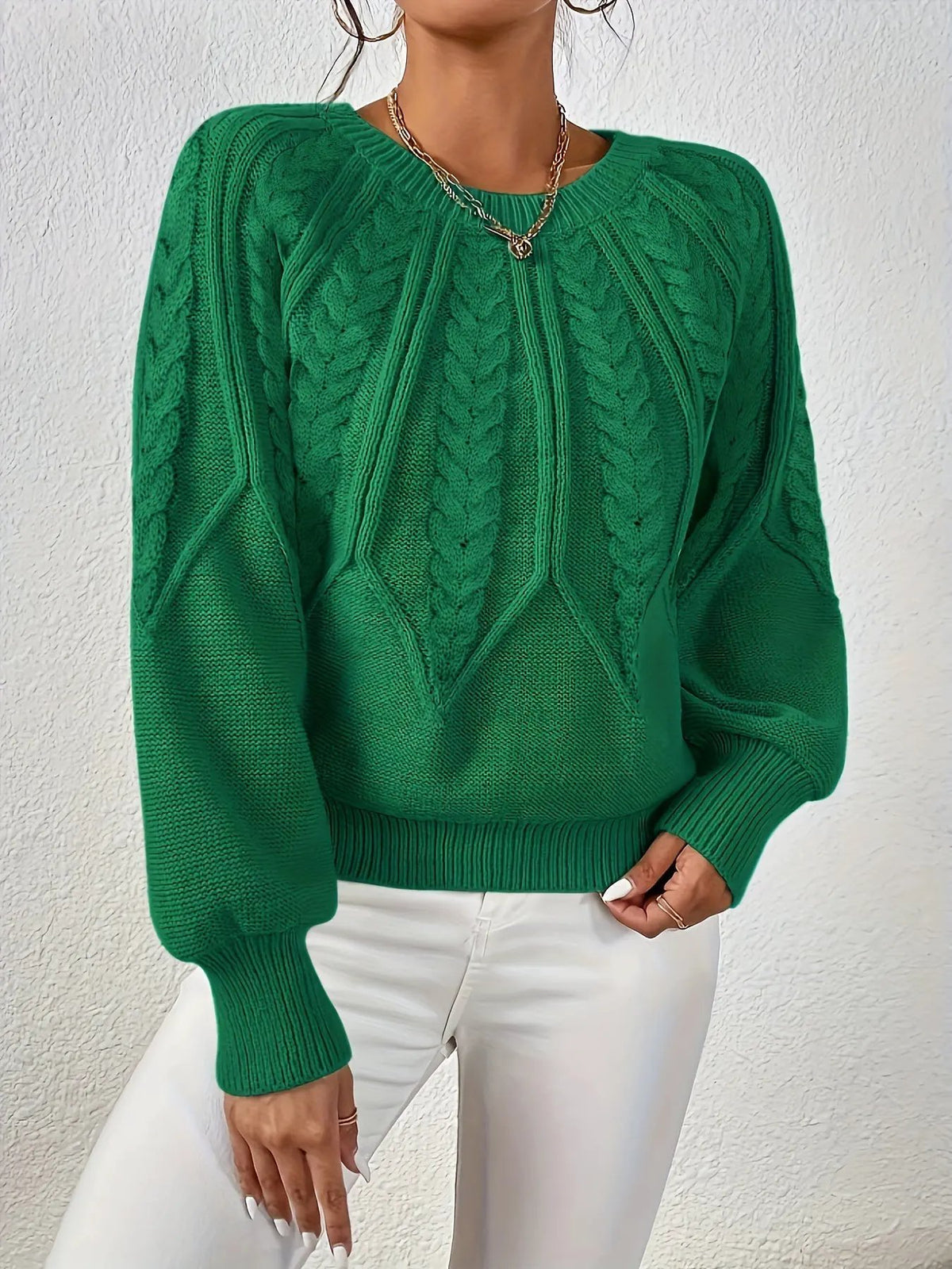 Women's Cable Knit Round Neck Sweater with Raglan Sleeves-Women's Sweaters-Bellmaren-Matcha-S-My Store
