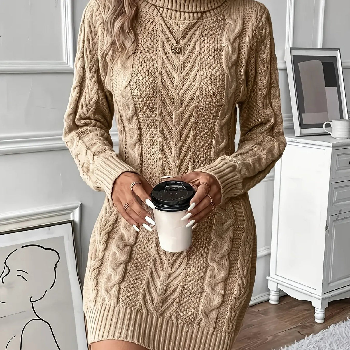 Women's Cable Knit Turtleneck Sweater Dress-Women's Dresses-Bellmaren-Khaki-S-My Store