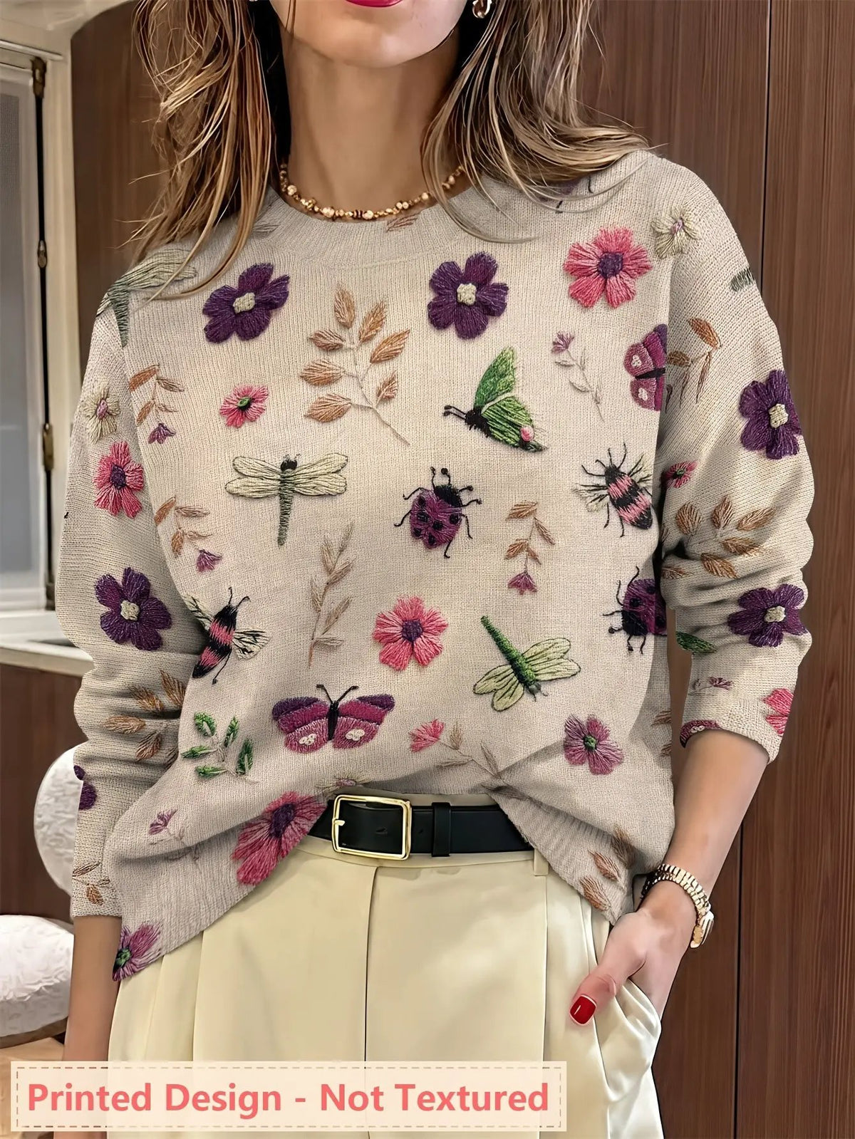 Women's Botanical Print Crew Neck Jumper For Layering by Bellmaren