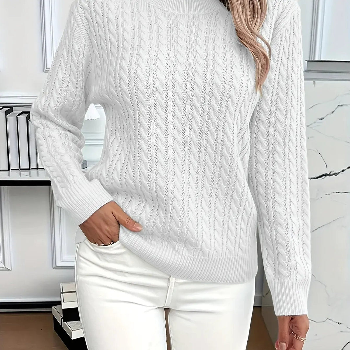 Women's Cable Knit Round Neck Jumper Relaxed Silhouette-Women's Sweaters-Bellmaren-White-S-My Store