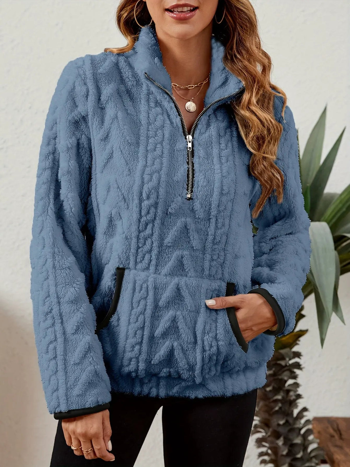Textured Women's Half Zip Pullover Kangaroo Pocket-Women's Sweaters-Bellmaren-Burgundy-S-My Store