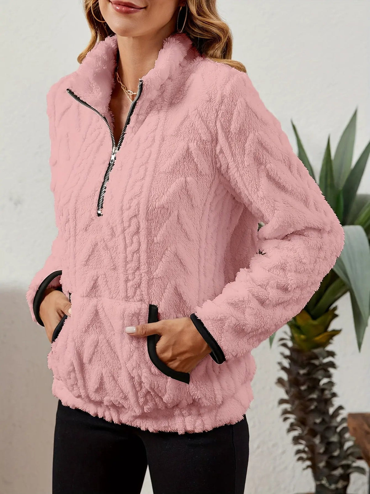 Textured Women's Half Zip Pullover Kangaroo Pocket-Women's Sweaters-Bellmaren-Burgundy-S-My Store