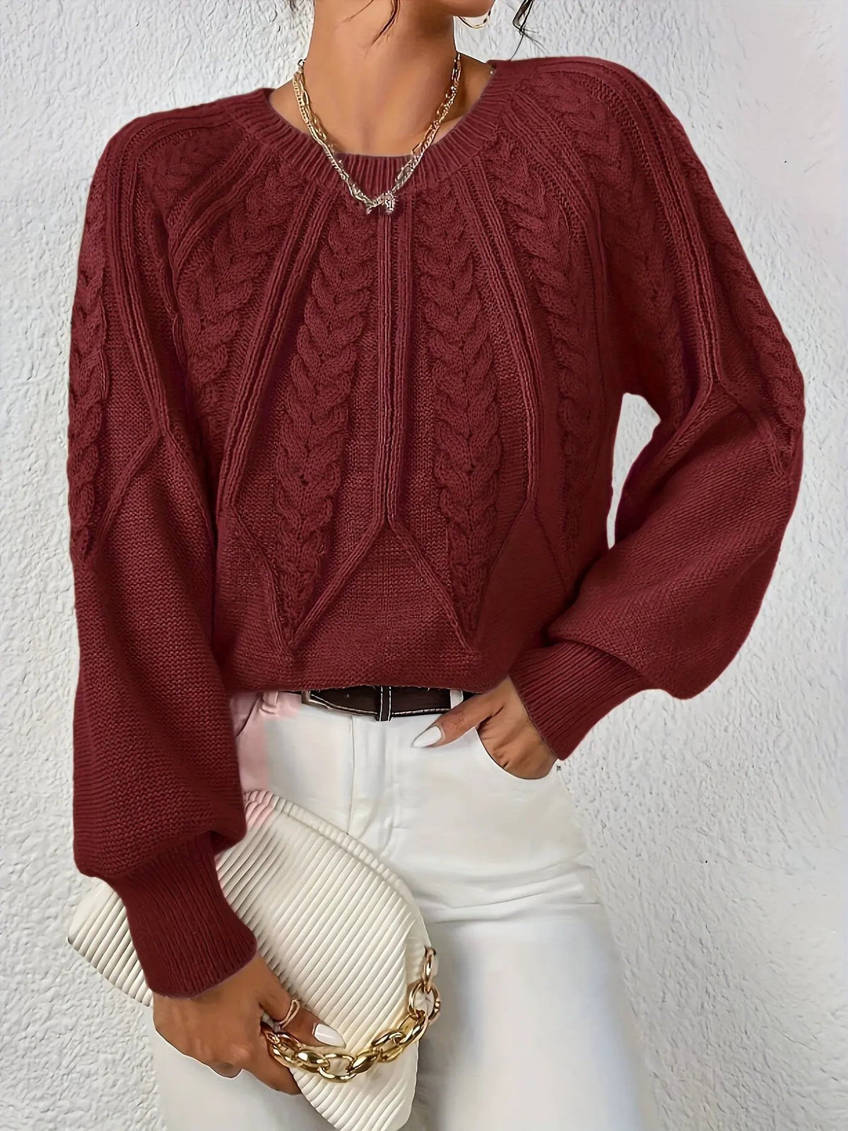 Women's Cable Knit Round Neck Sweater with Raglan Sleeves-Women's Sweaters-Bellmaren-Matcha-S-My Store