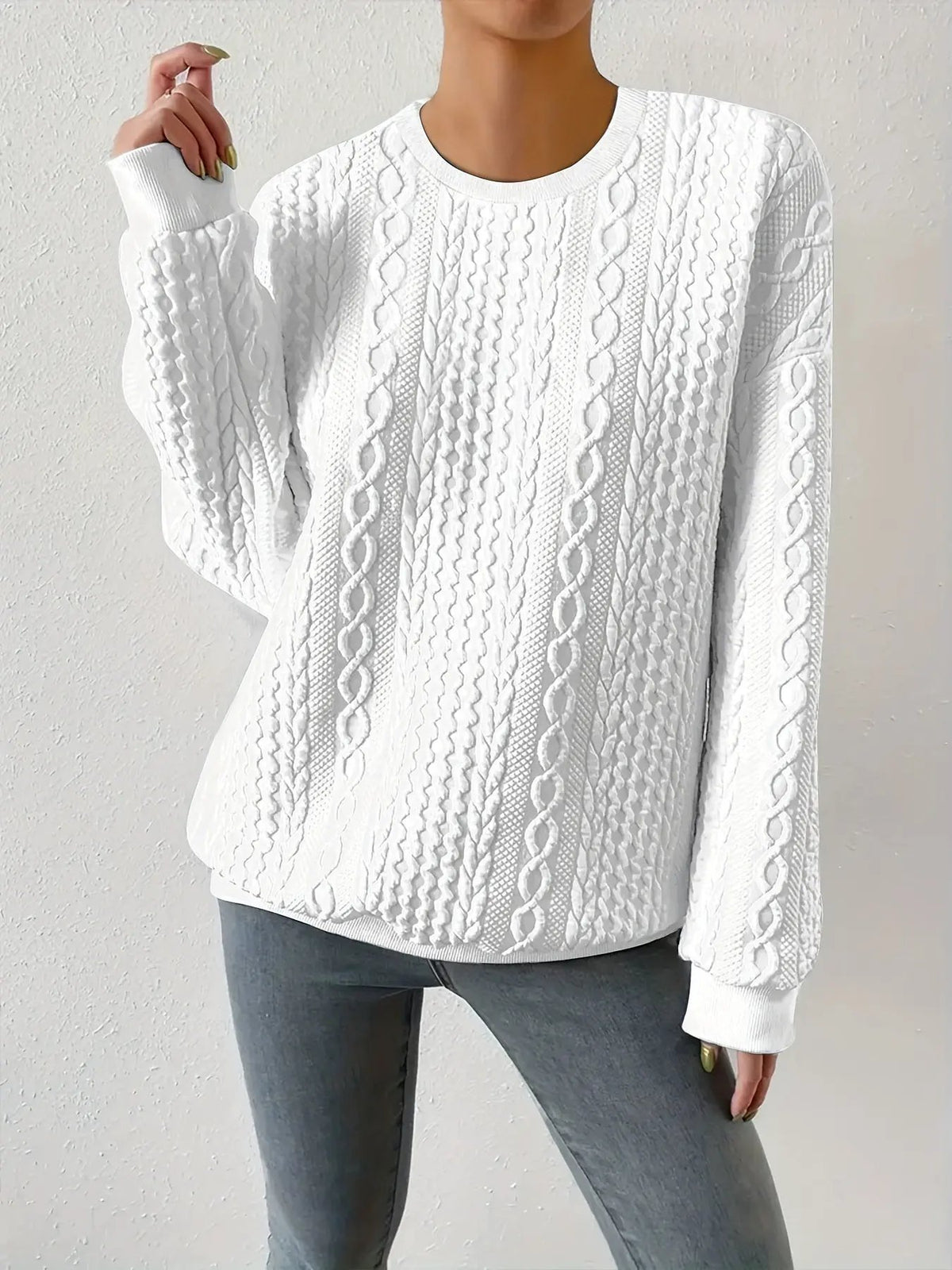 Women's Textured Cable-Knit Sweatshirt Crewneck Design-Women's Sweaters-Bellmaren-White-S-My Store