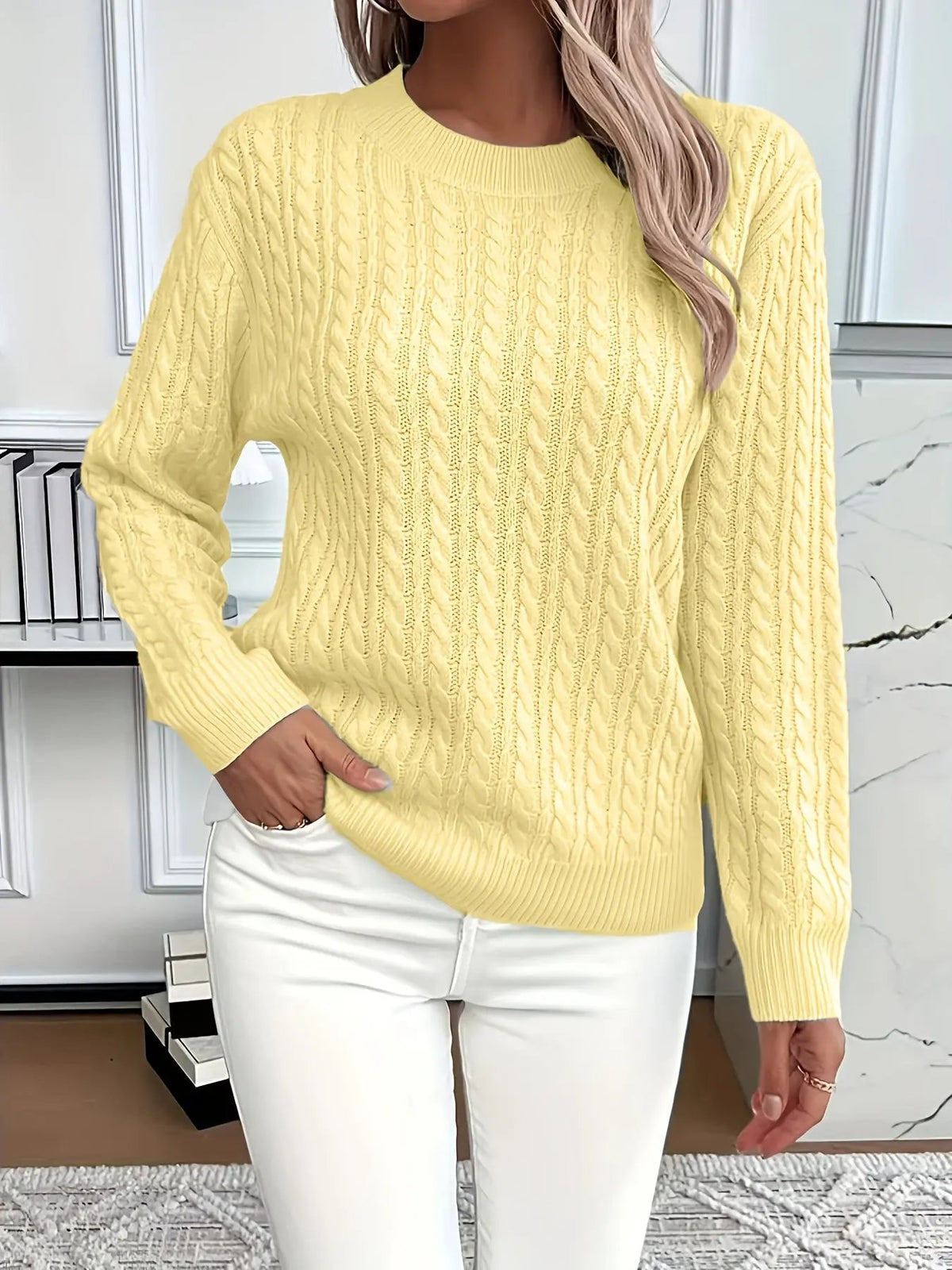 Women's Cable Knit Round Neck Jumper Relaxed Silhouette-Women's Sweaters-Bellmaren-Light Green-S-My Store