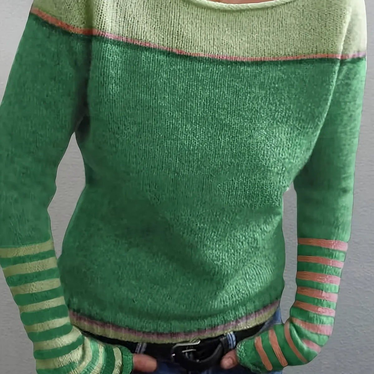 Women's Colour-Block Boat Neck Sweater With Relaxed Fit by Bellmaren