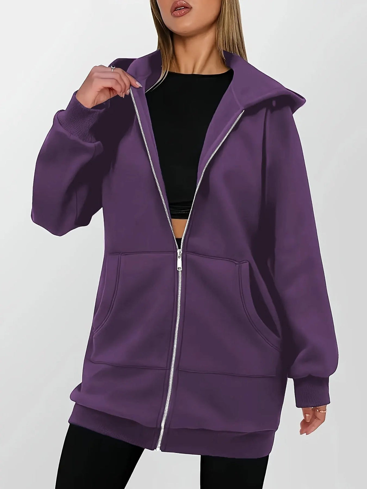 Women's Longline Hooded Zip Jacket With Deep Pockets-Women's Coats & Jackets-Bellmaren-Purple-S-My Store