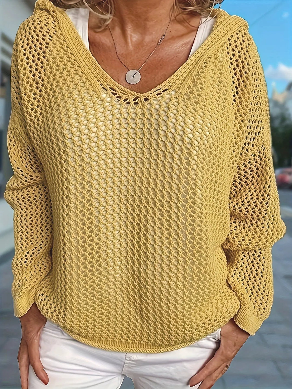 Women's Relaxed Open-Knit Hooded Sweater by Bellmaren