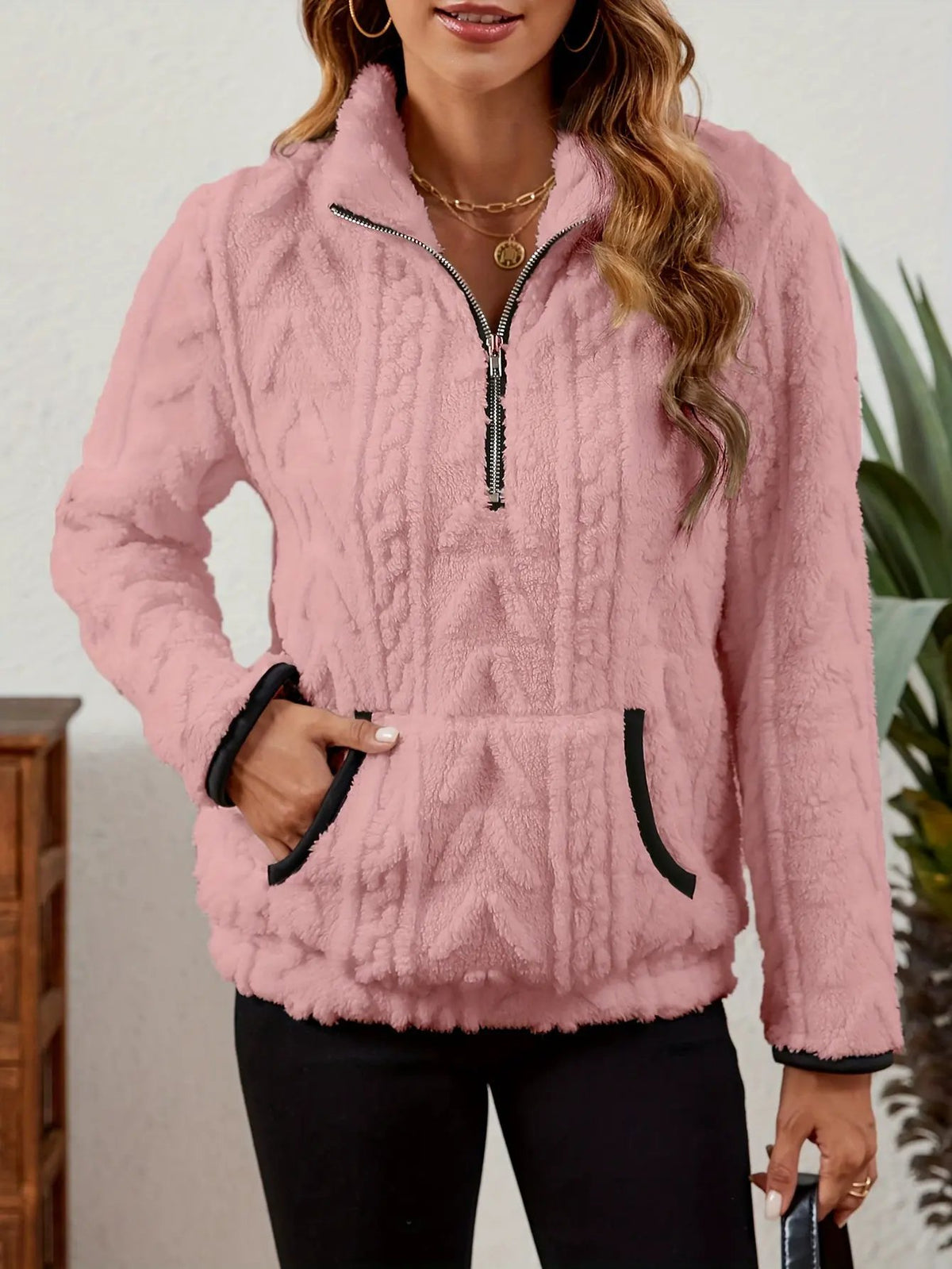 Textured Women's Half Zip Pullover Kangaroo Pocket-Women's Sweaters-Bellmaren-Burgundy-S-My Store