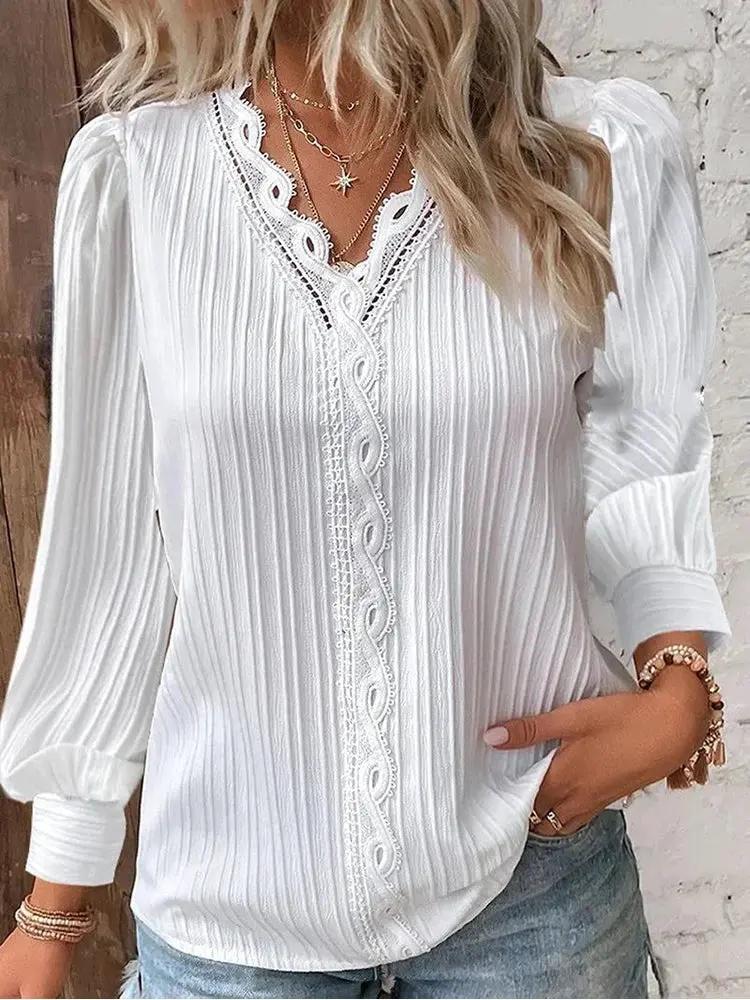 Women's Delicate Lace-Trimmed V-Neck Blouse-Women's Tops-Bellmaren-White-S-My Store