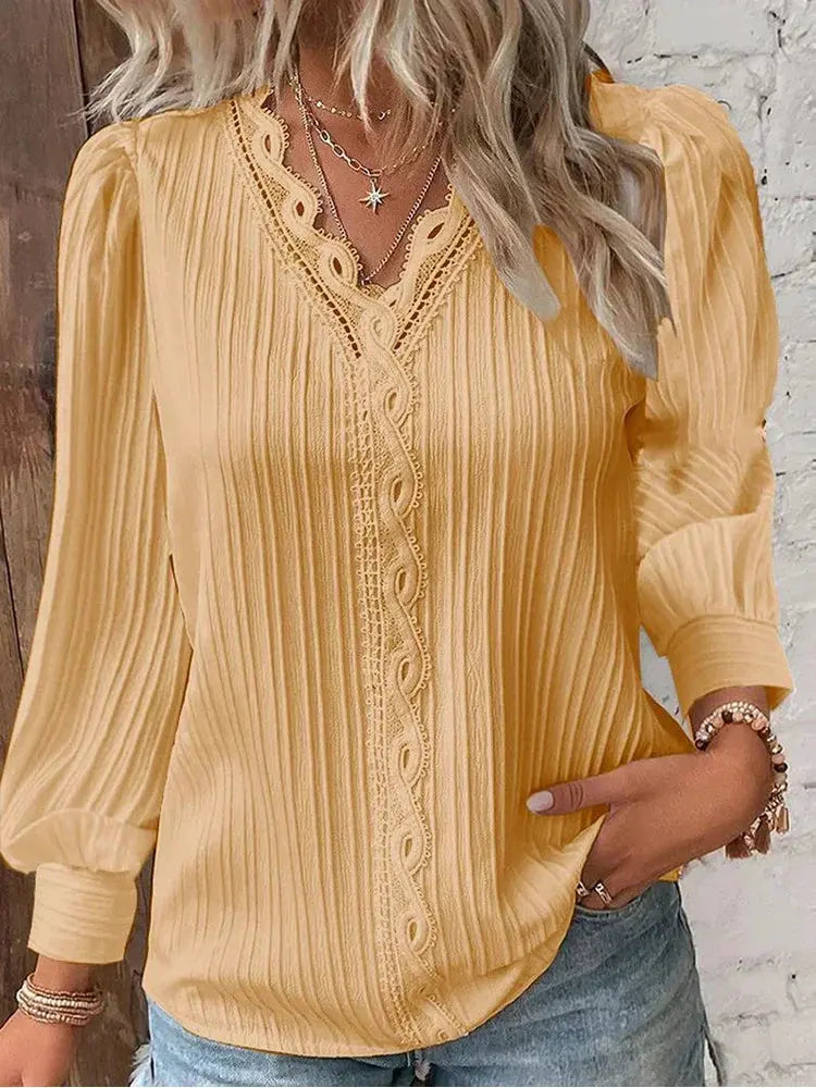 Women's Delicate Lace-Trimmed V-Neck Blouse-Women's Tops-Bellmaren-Yellow-S-My Store