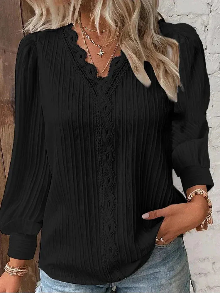 Women's Delicate Lace-Trimmed V-Neck Blouse-Women's Tops-Bellmaren-Black-S-My Store