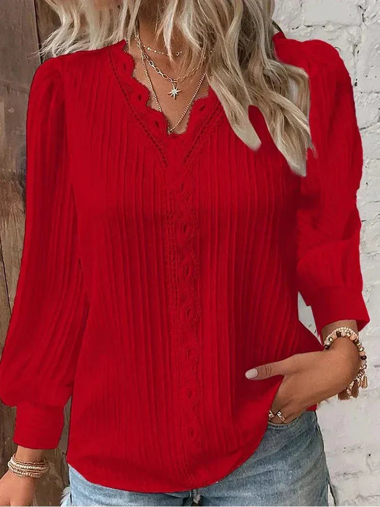 Women's Delicate Lace-Trimmed V-Neck Blouse-Women's Tops-Bellmaren-Red-S-My Store