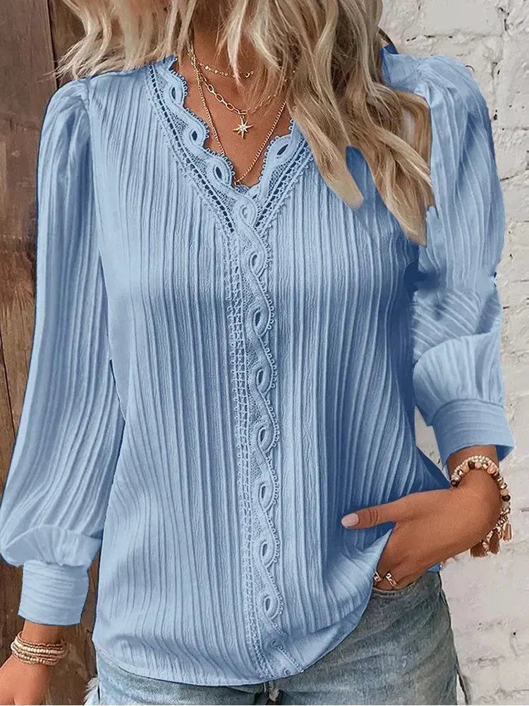 Women's Delicate Lace-Trimmed V-Neck Blouse-Women's Tops-Bellmaren-Light blue-S-My Store