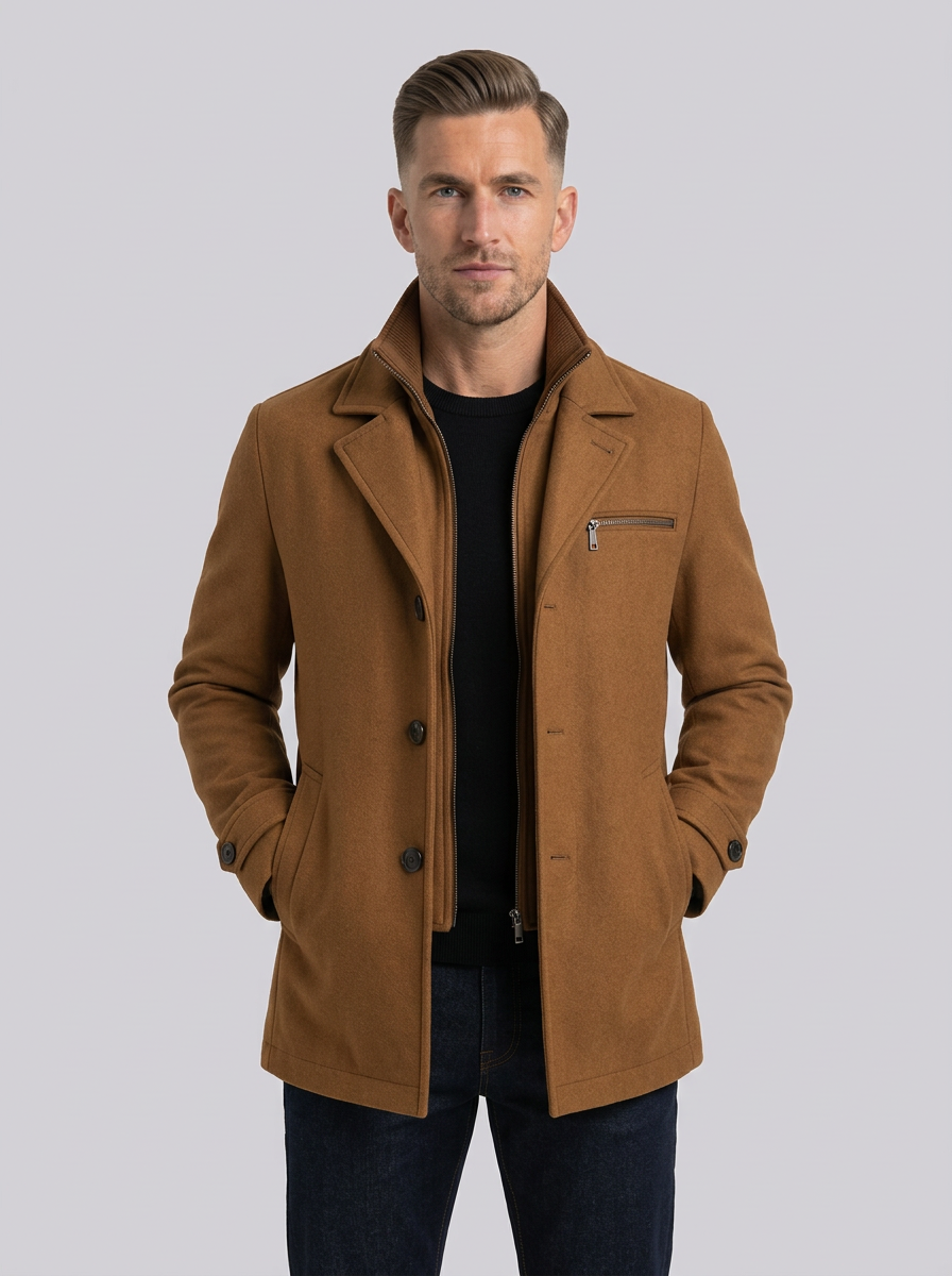 Men's Dual-Collar Winter Jacket – Button Front & Zip Chest Pocket