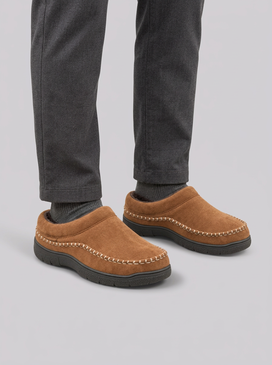 Men's Fleece-Lined Slip-On Slippers with Contrast Stitching