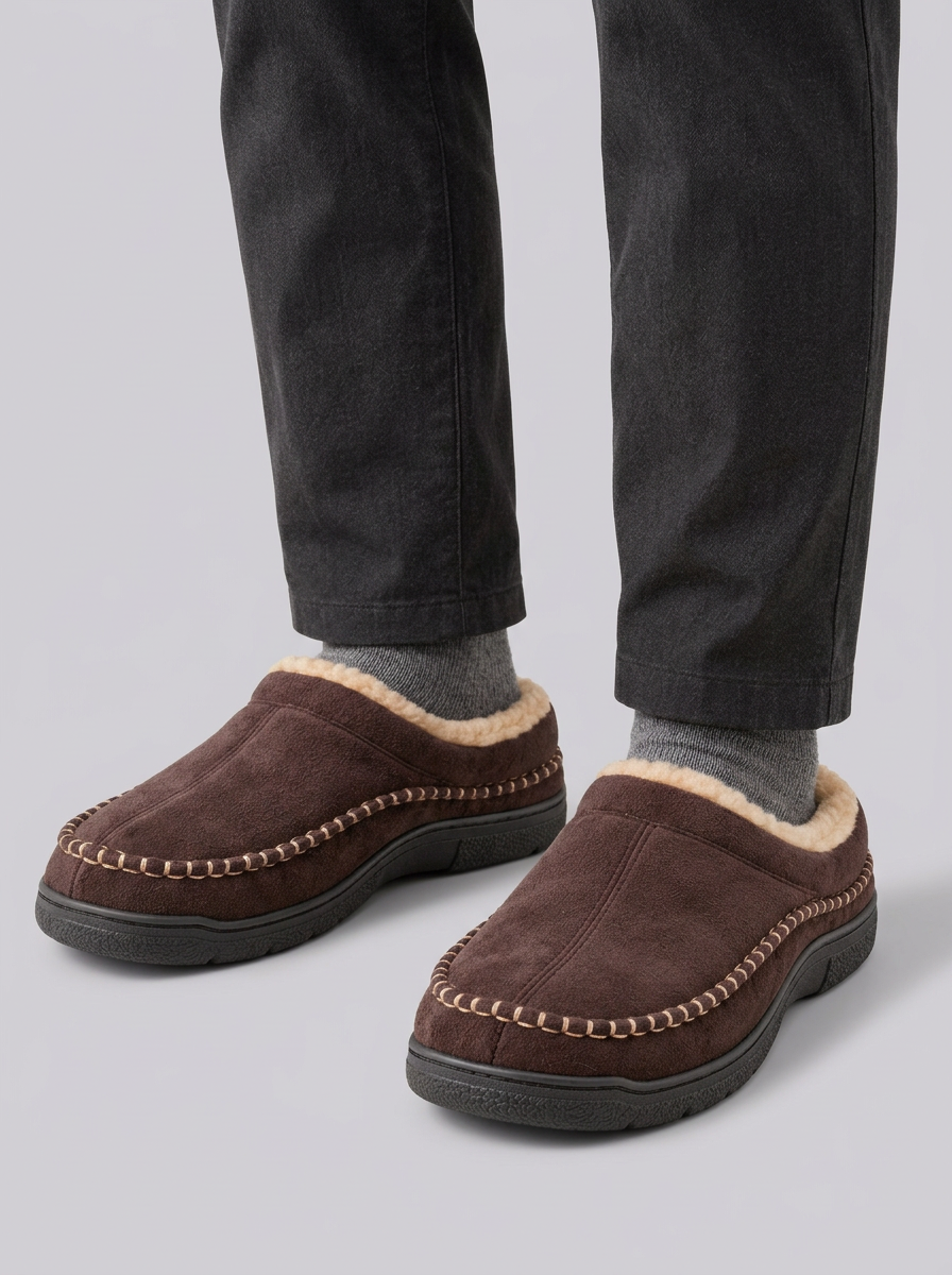 Men's Fleece-Lined Slip-On Slippers with Contrast Stitching