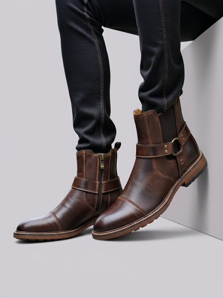 Men's Leather Moto Ankle Boots with Buckle Strap