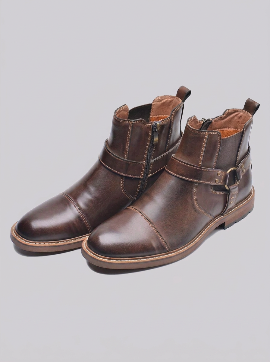 Men's Leather Moto Ankle Boots with Buckle Strap