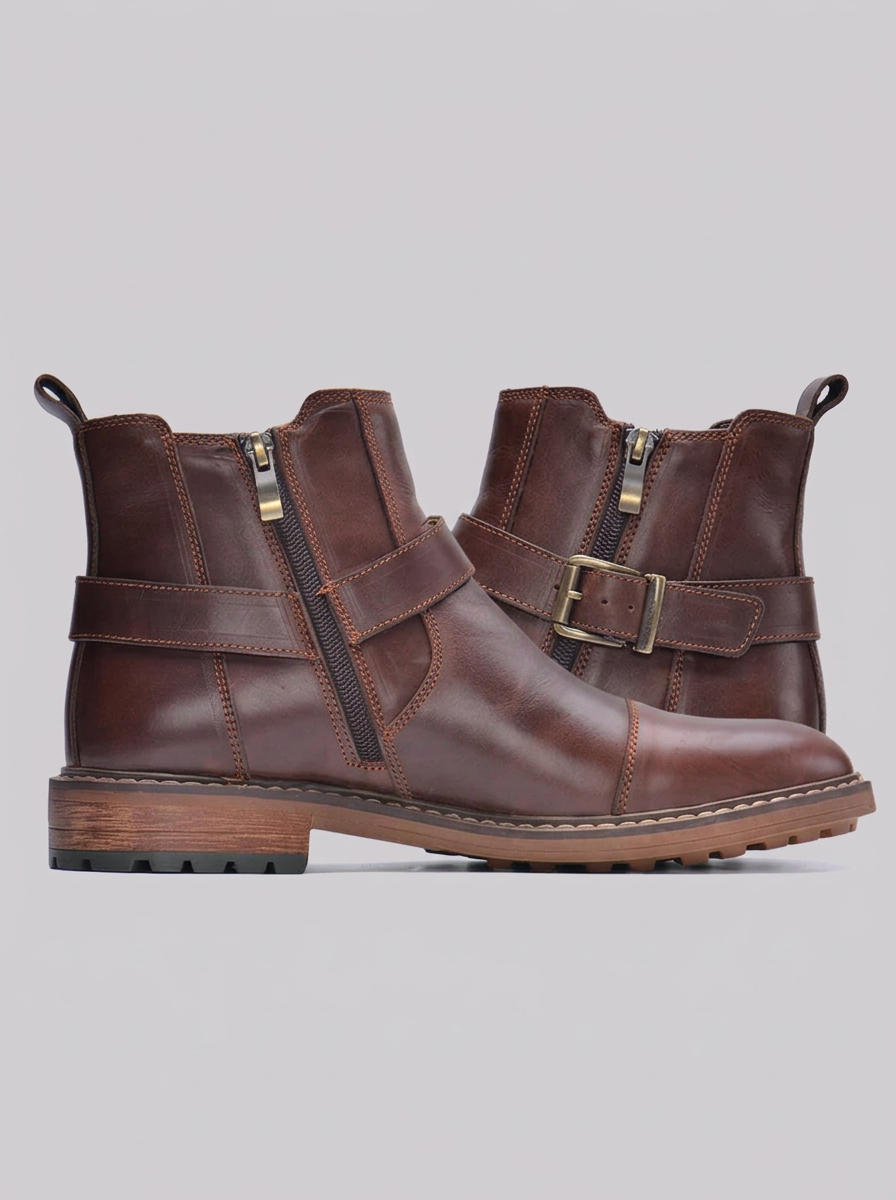 Men's Leather Moto Ankle Boots with Buckle Strap