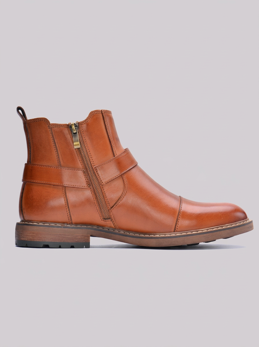 Men's Leather Moto Ankle Boots with Buckle Strap