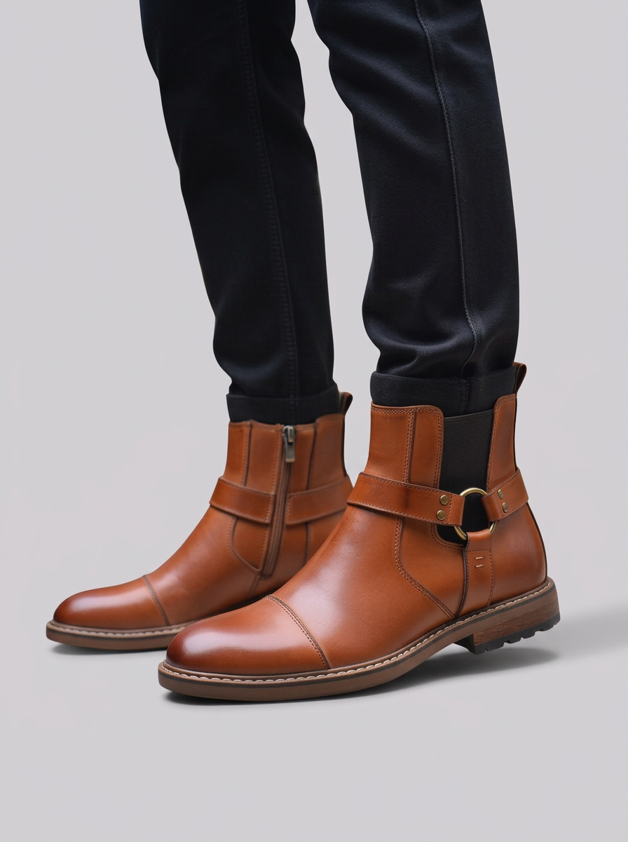 Men's Leather Moto Ankle Boots with Buckle Strap
