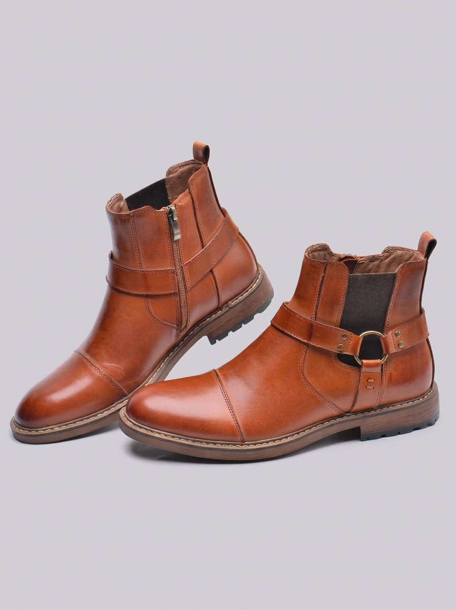 Men's Leather Moto Ankle Boots with Buckle Strap