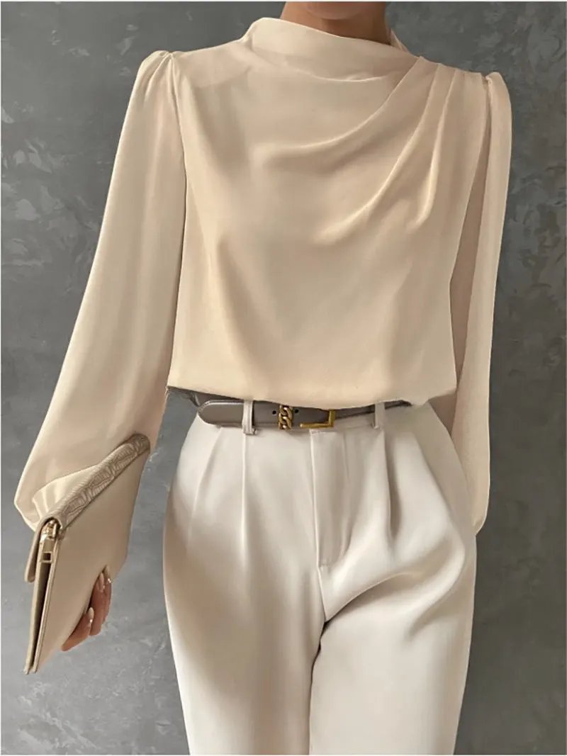 Women's Gathered Neck Long Sleeve Blouse – Soft Drape