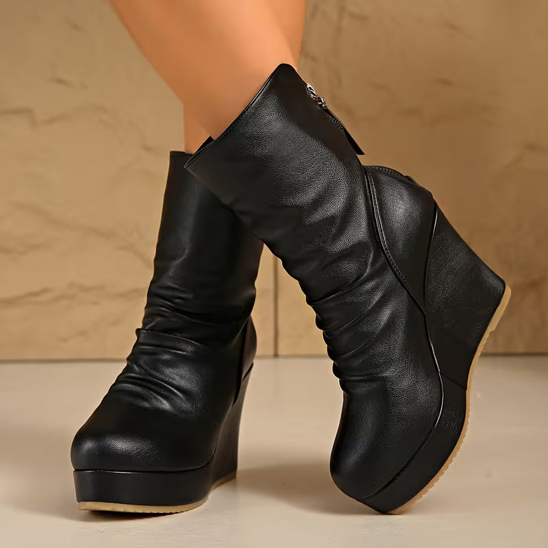 Women's Calf-High Boots – Wedge Heel, Platform & Pleated Back