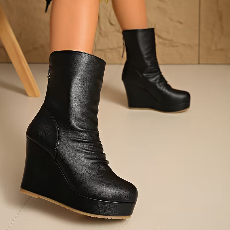 Women's Calf-High Boots – Wedge Heel, Platform & Pleated Back