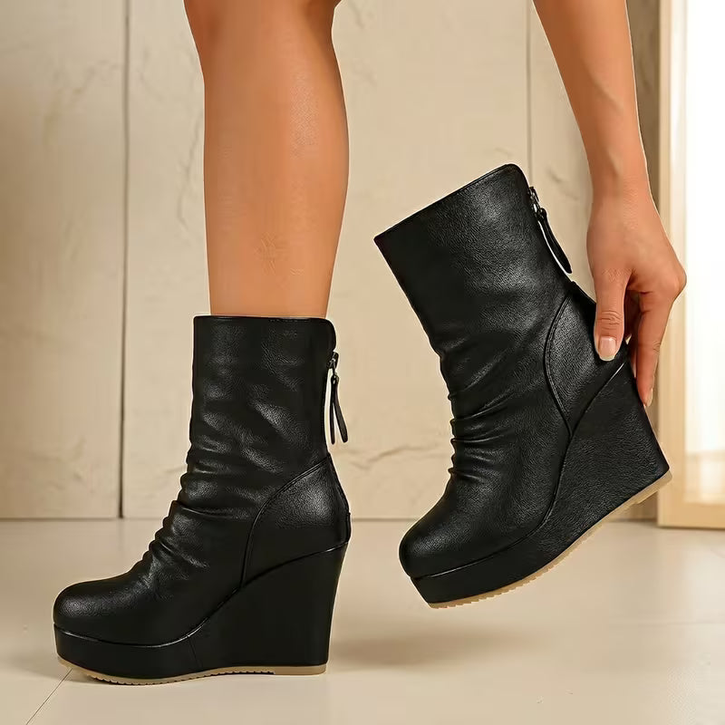 Women's Calf-High Boots – Wedge Heel, Platform & Pleated Back