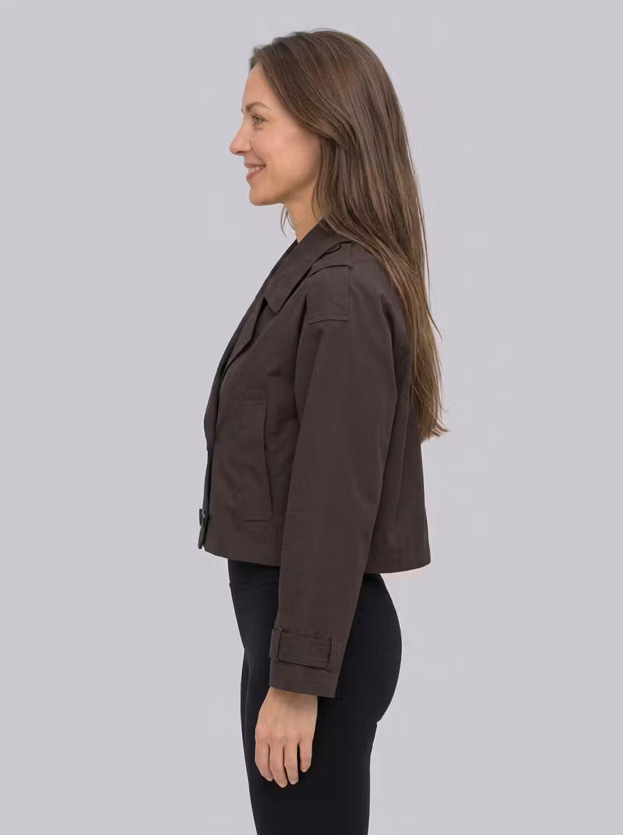 Women's Cropped Trench Coat – Double-Breasted Front & Side Pockets
