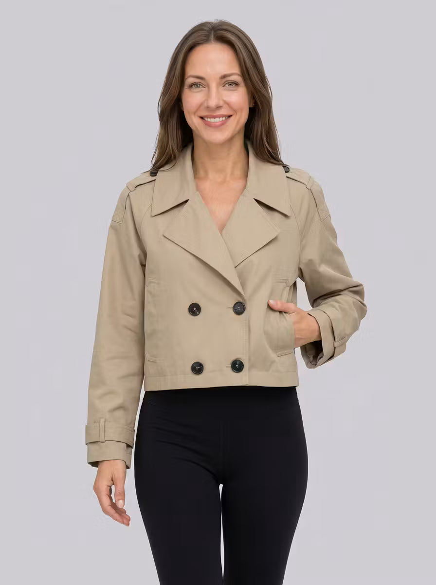 Women's Cropped Trench Coat – Double-Breasted Front & Side Pockets