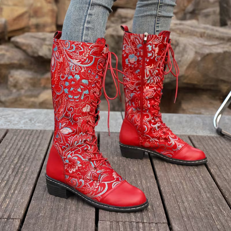 Women's Ethnic-Style Calf Boots – Lace-Up Design
