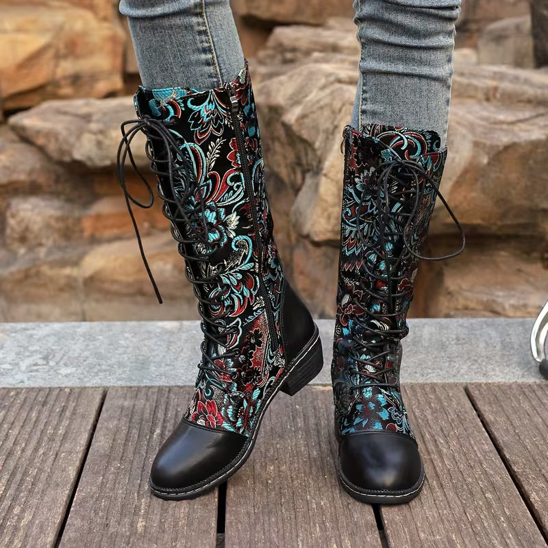 Women's Ethnic-Style Calf Boots – Lace-Up Design