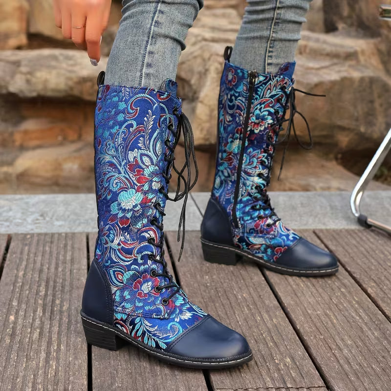 Women's Ethnic-Style Calf Boots – Lace-Up Design