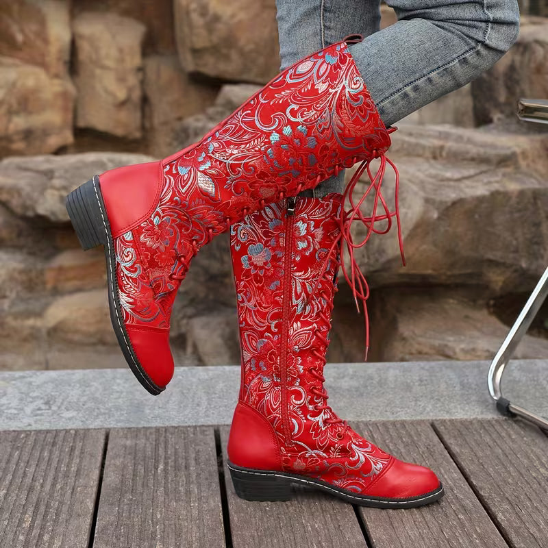 Women's Ethnic-Style Calf Boots – Lace-Up Design