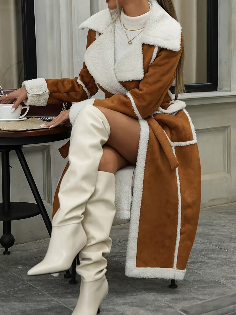 Women's Long Winter Coat – Fleece Lining & Belted Waist