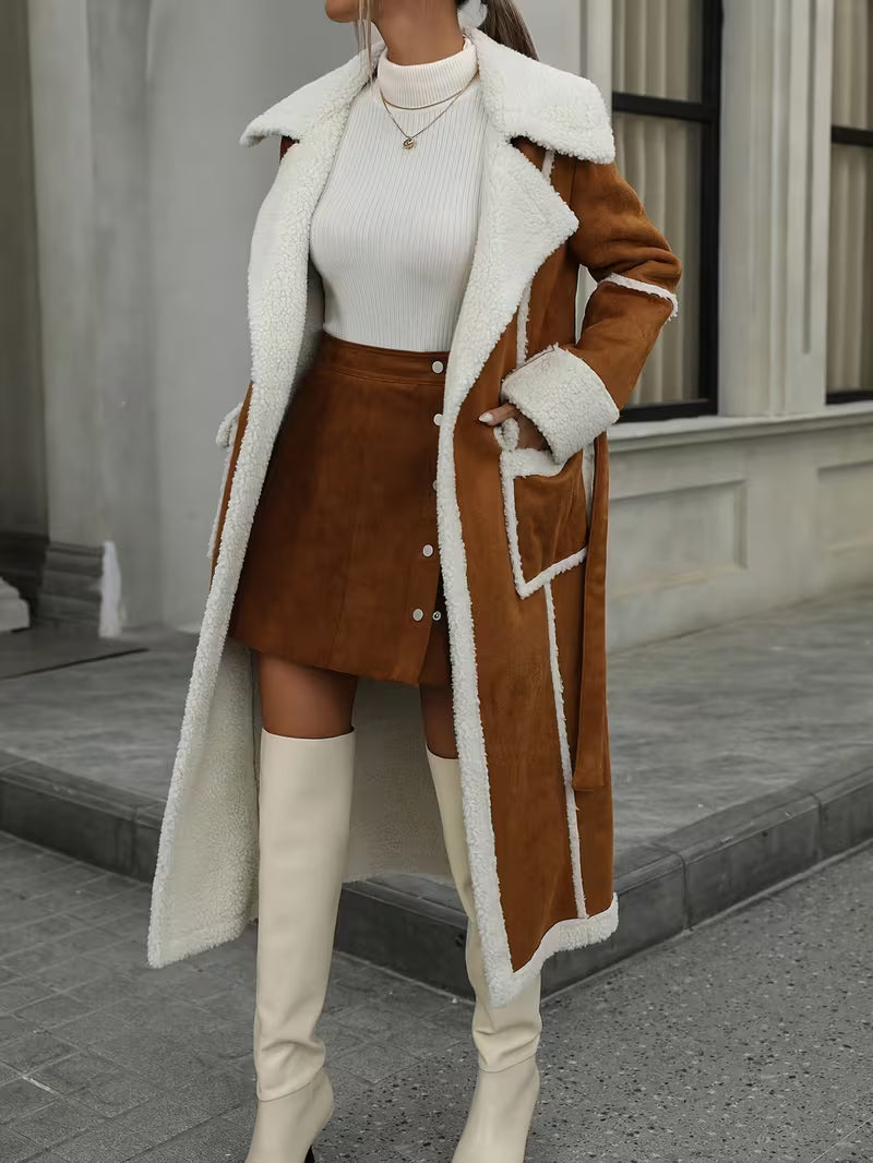 Women's Long Winter Coat – Fleece Lining & Belted Waist