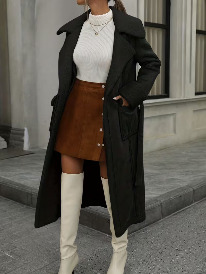 Women's Long Winter Coat – Fleece Lining & Belted Waist