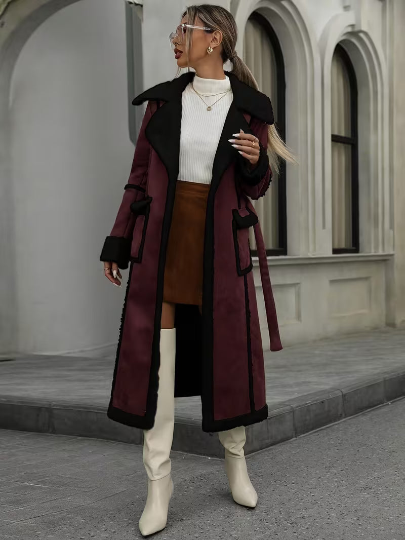 Women's Long Winter Coat – Fleece Lining & Belted Waist
