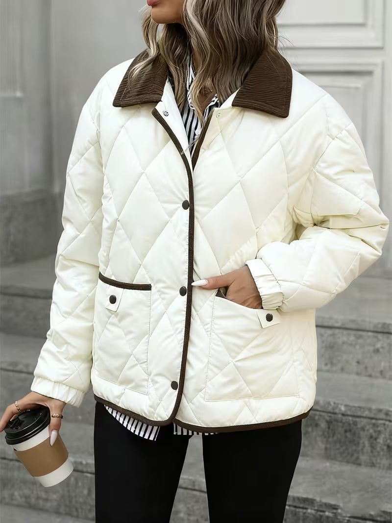 Women's Short Coat – Rhombus Pattern & Contrast Trim
